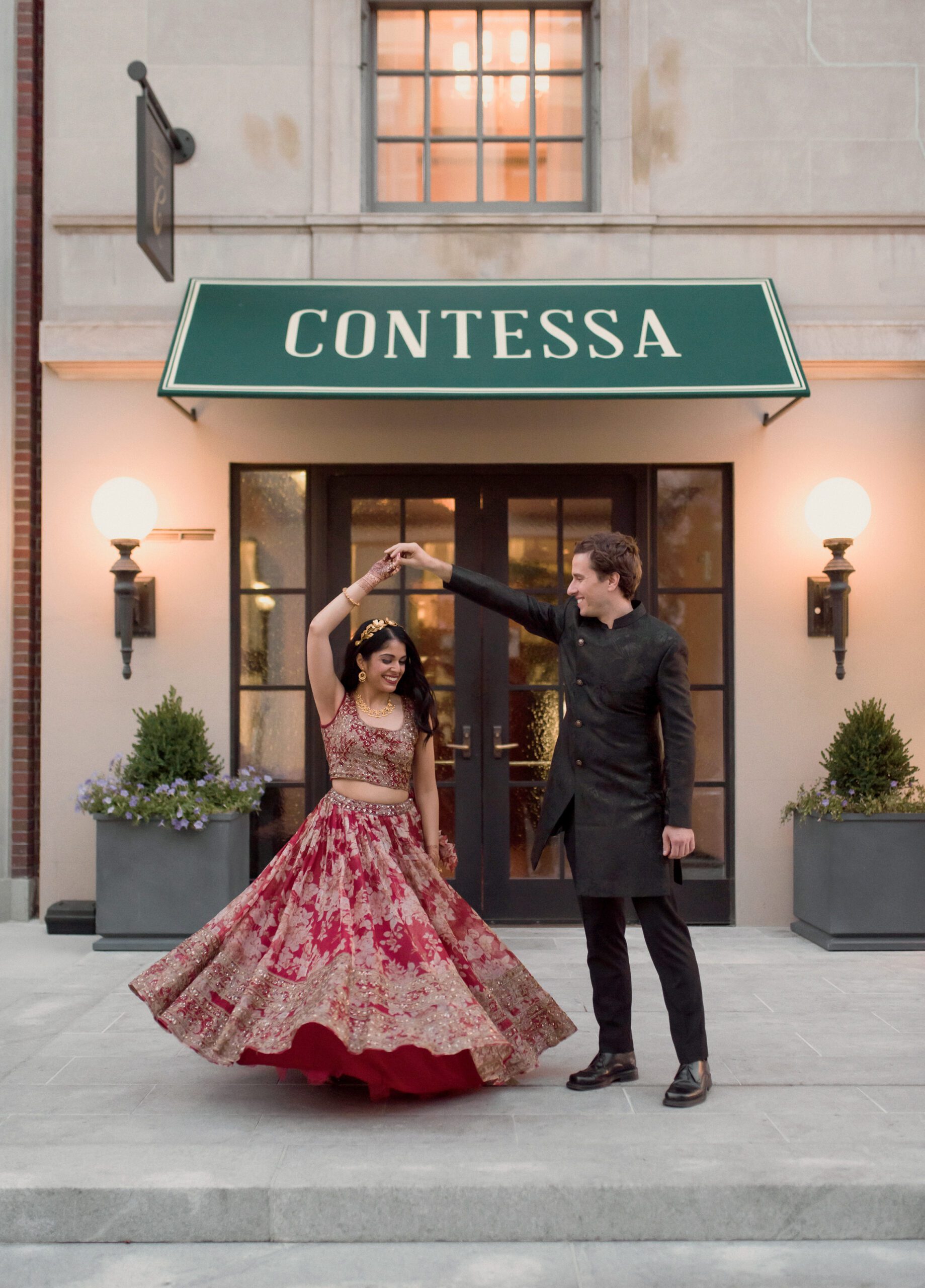 indian, multicultural wedding, twirling in front of contessa in boston