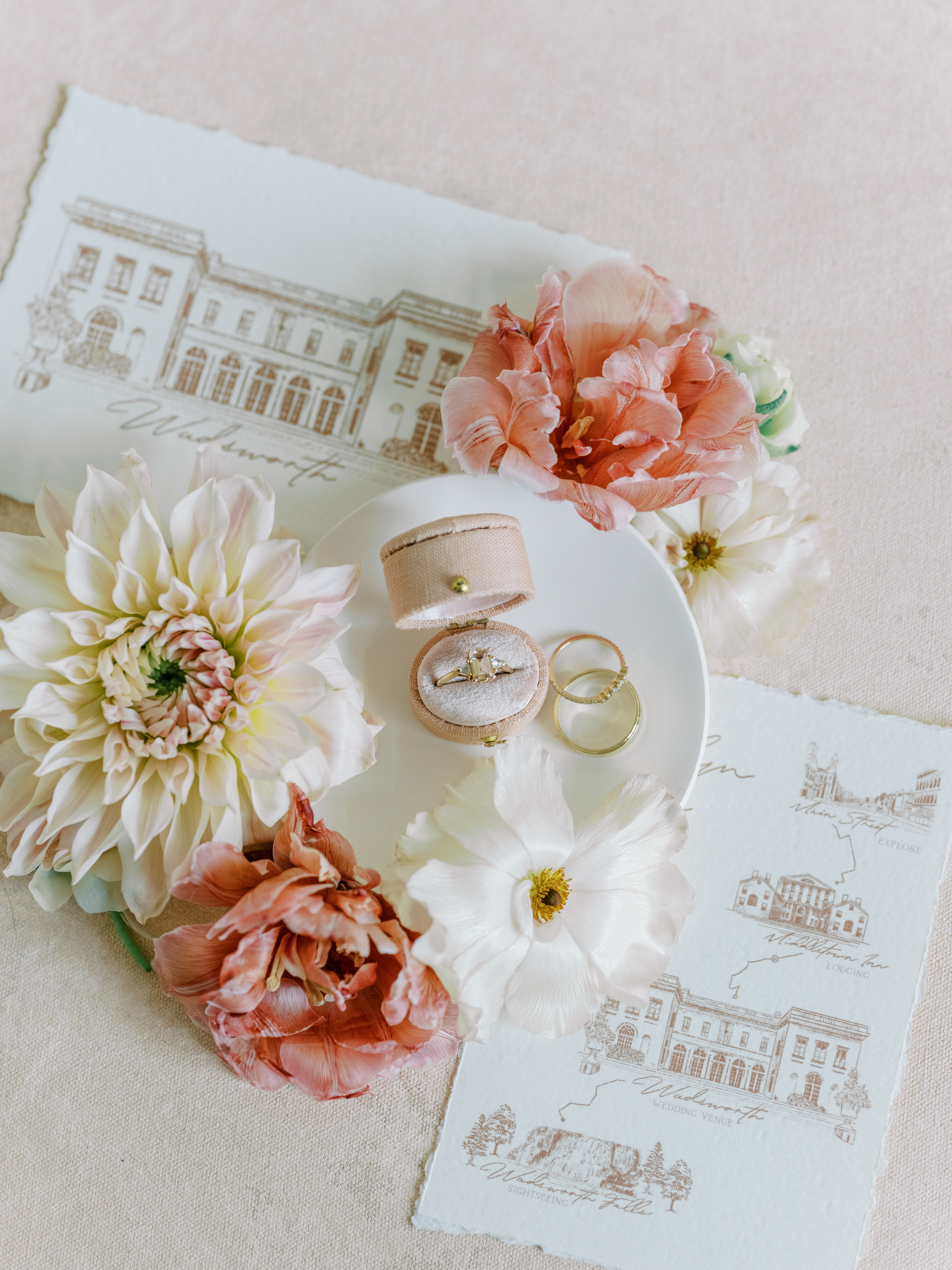 our wedding featured on the knot at wadsworth mansion CT. Ring shot flatlay with venue sketch