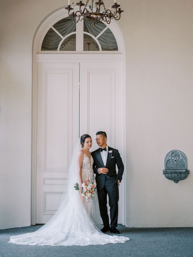 French riviera inspired wedding at Wadsworth Mansion CT indoor portrait of bride and groom