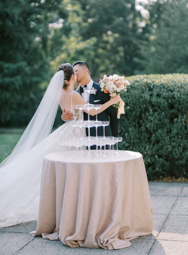 French riviera inspired wedding at Wadsworth Mansion CT champagne tower