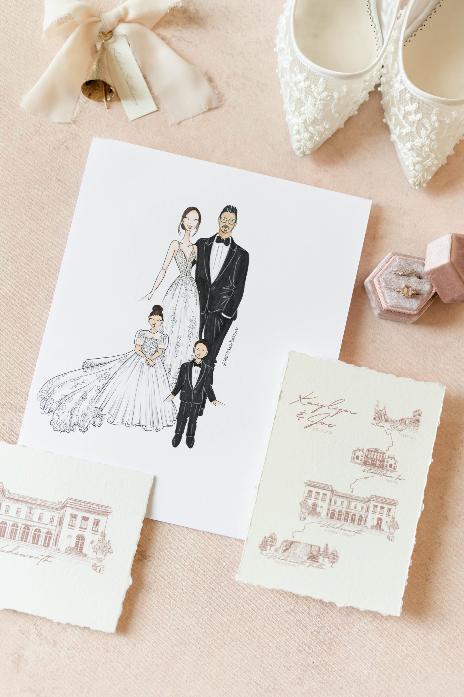 Boston guest illustrator drawing of bride and groom in flatlay