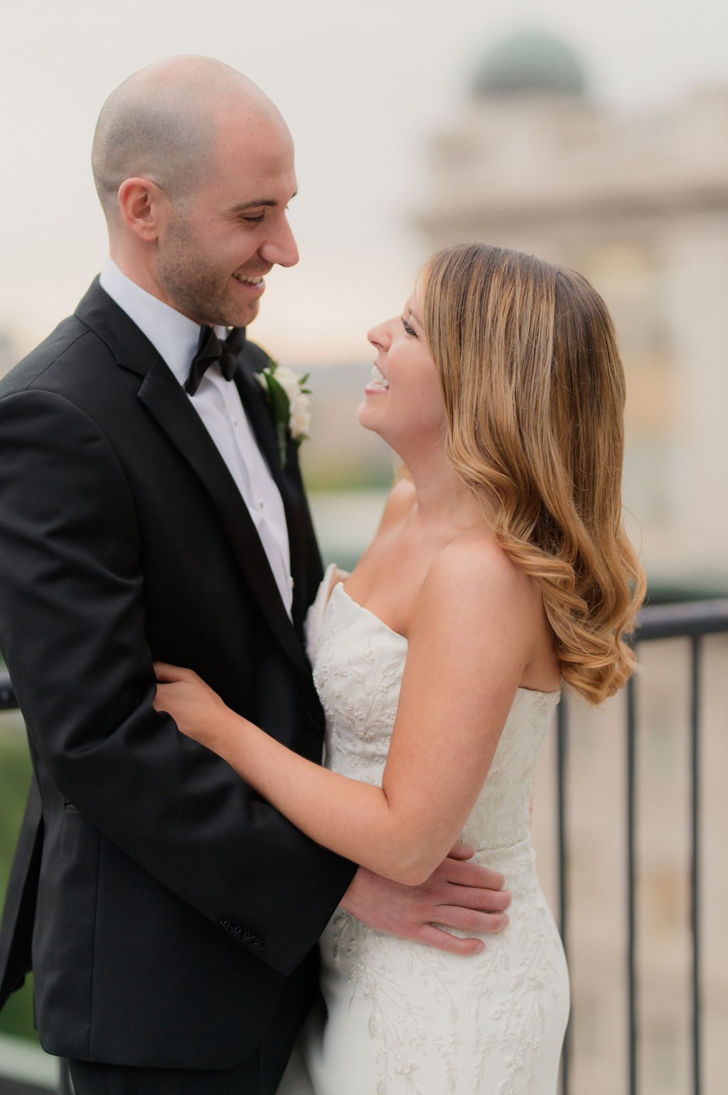 omni parker house wedding bride and groom sunset portraits on rooftop
