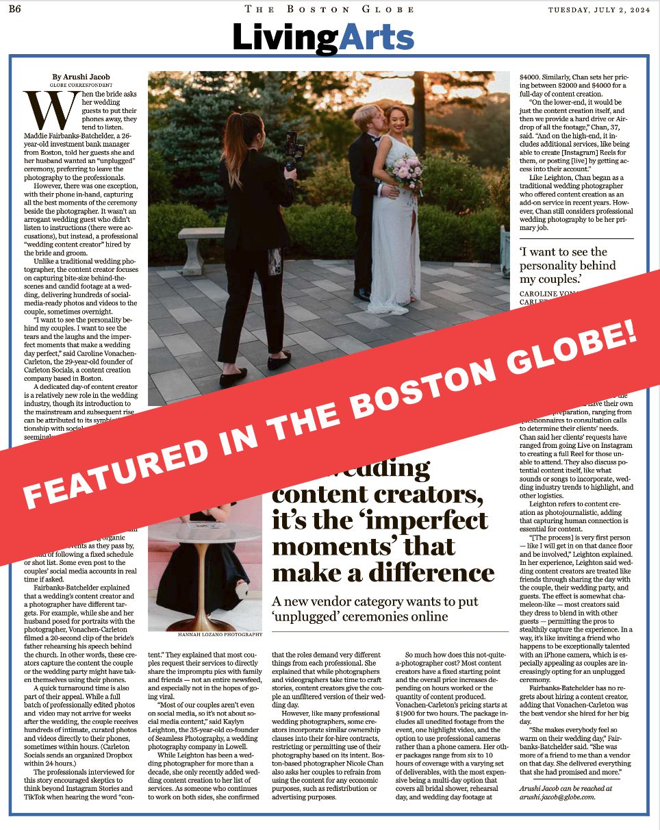 feature from the boston globe newspaper on wedding content creator curated by seamless